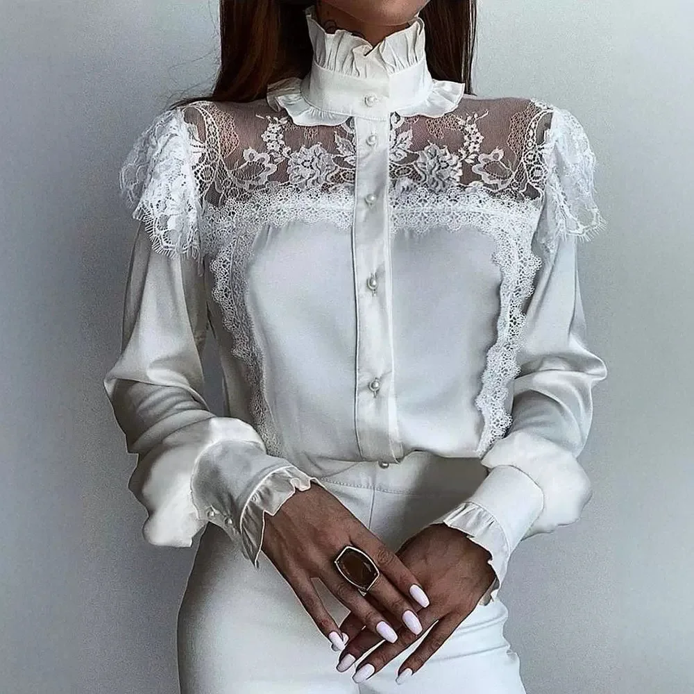 White Blouses Woman Clothing Shirt 2024 Summer Fashion High-Neck Mesh Lace T-Shirts Pullover Y2k Tops for Female Streetwear