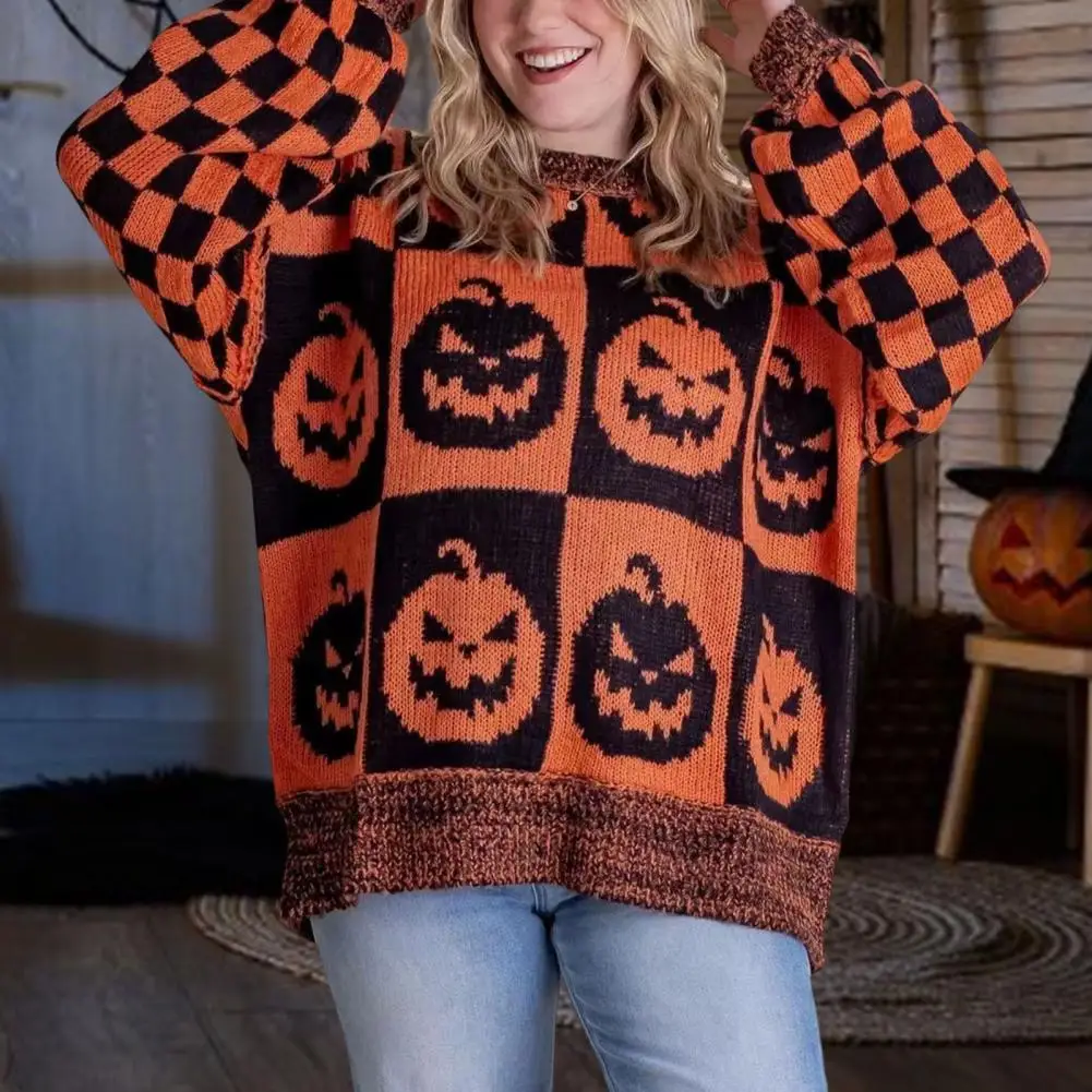 Fashion Halloween Spooky Sweater Plaid Pumpkin Ghost Pattern Knitting Tops Oversized Crew Neck Long Sleeve Pullover Tops