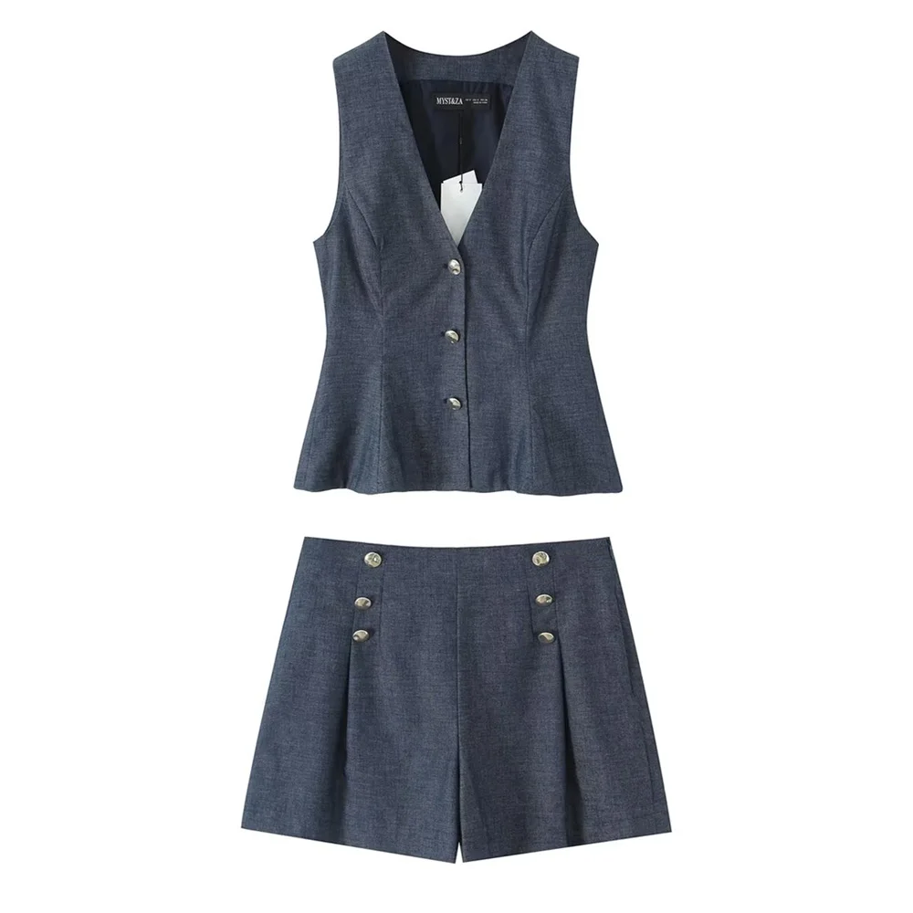 

UNIZERA 2025 new women's clothing design with European and American style elegant linen puffy vest&shorts set