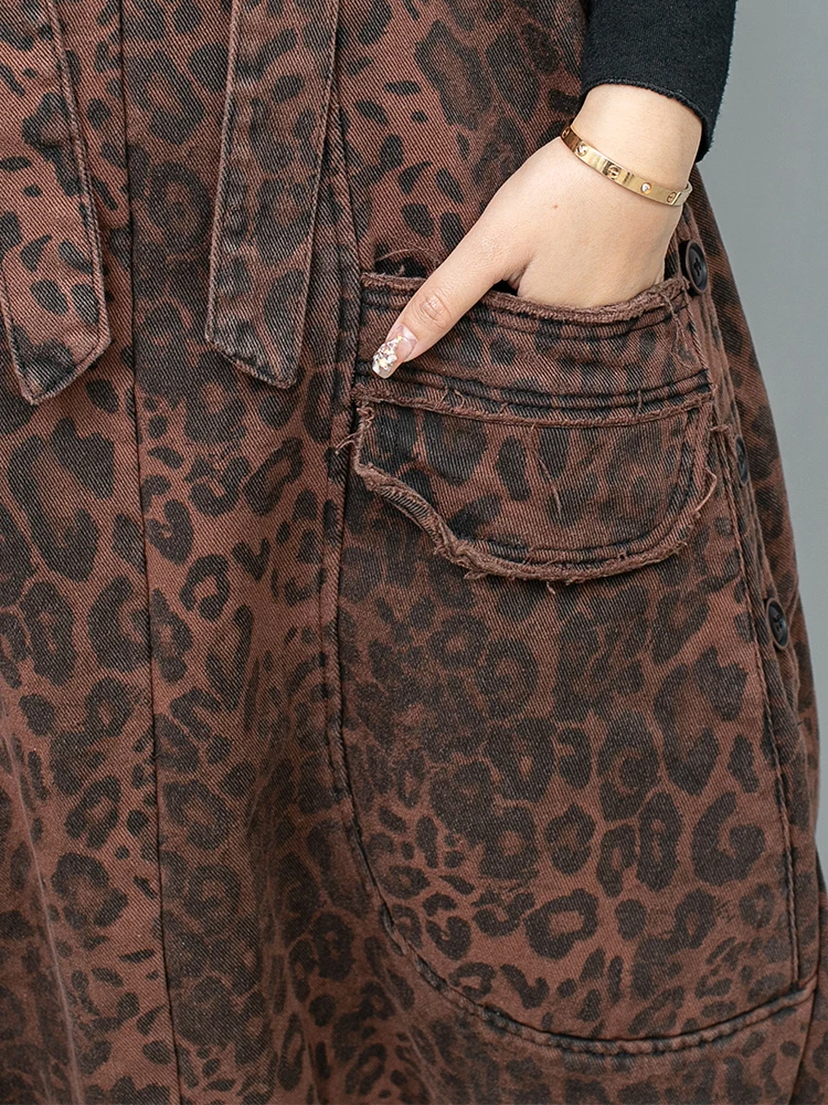 Cool Special Design Leopard Print Velvet Denim Strap Pants Women's Winter Fall Younger Slimming High Waist Loose Crotch Jumpsuit