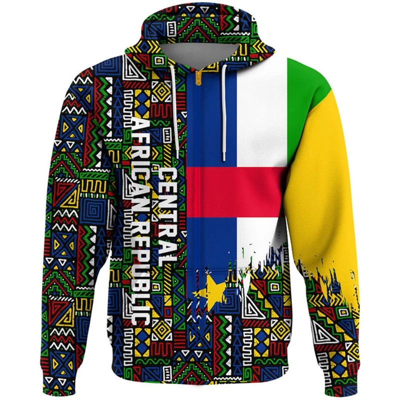 Central African Flag Map Graphic Sweatshirts National Emblem Hoodie For Men Clothes 2024 Street Casual Male Tracksuit Jersey Top