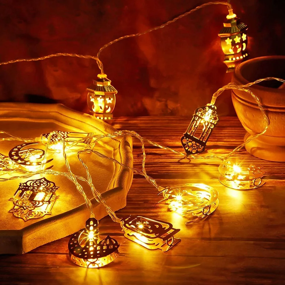 BFYLE 10 LED Decoraciones doradas de Ramadán Decoración Eid Linterna de luna y estrella Luces de Ramadán con pilas, Cadena de luces para fiesta de Ramadán