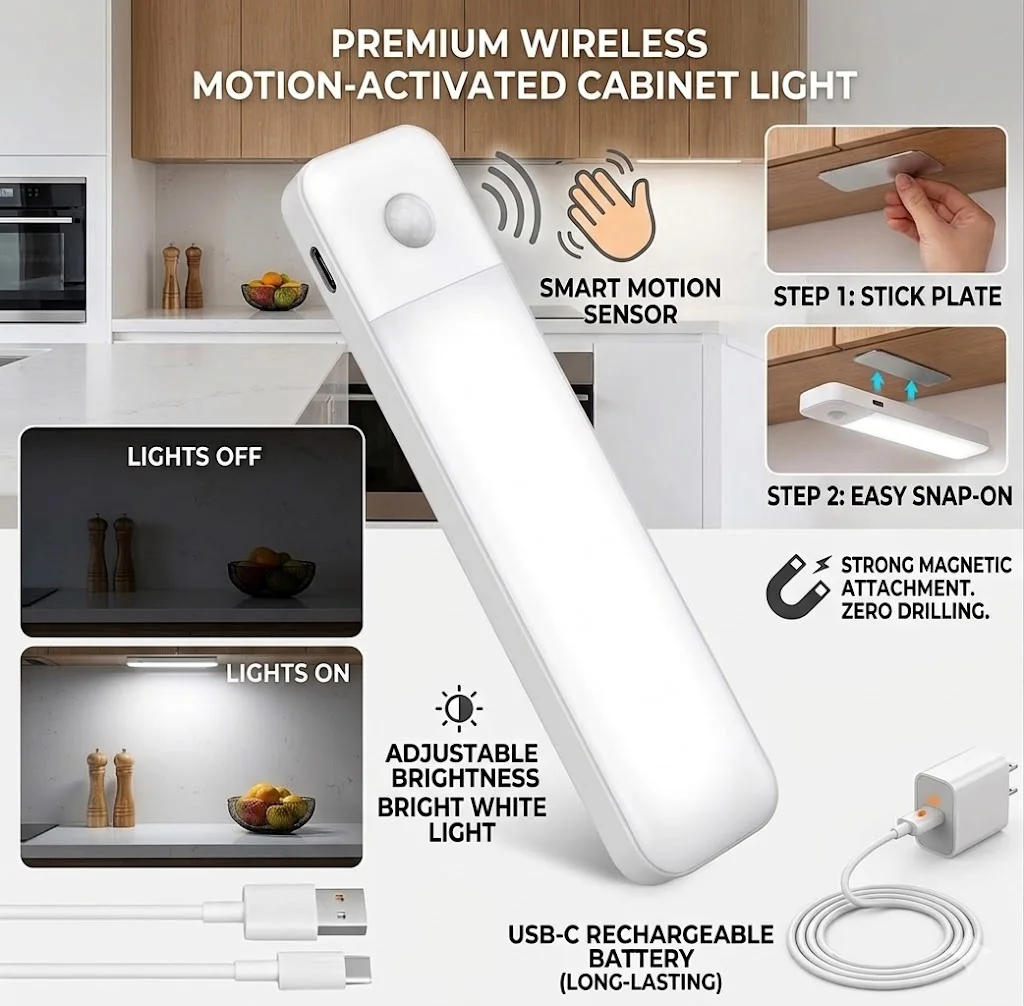 

80 LED Motion Sensor Under Cabinet Light 32cm USB C Rechargeable Magnetic Closet Night Lamp For Kitchen Wardrobe Pantry
