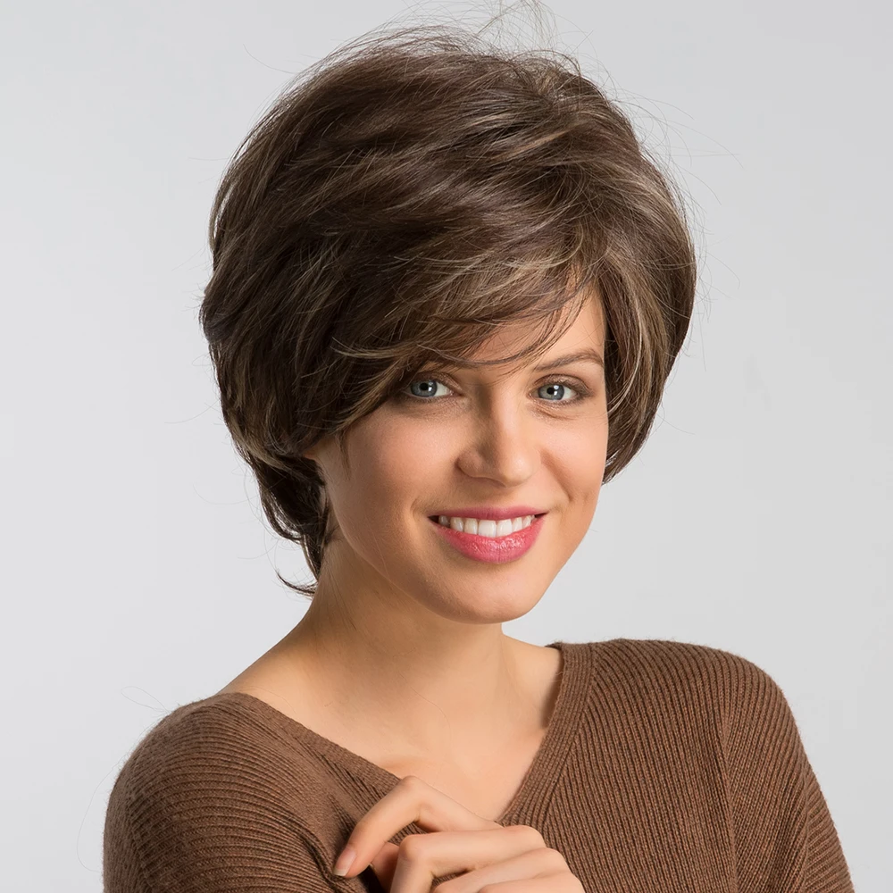 Short Brown Highlight Wig for Women, Pixie Cut