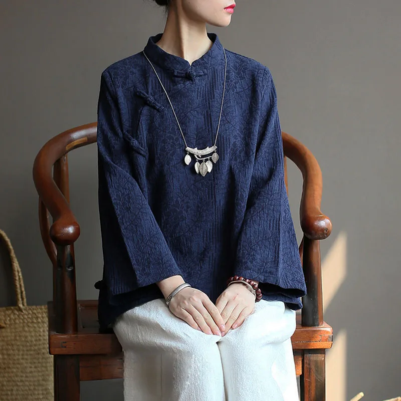 Осенняя женская винтажная рубашка на пуговицах, боковой кардиган с длинным рукавом, повседневная свободная куртка из хлопка и льна в китайском стиле