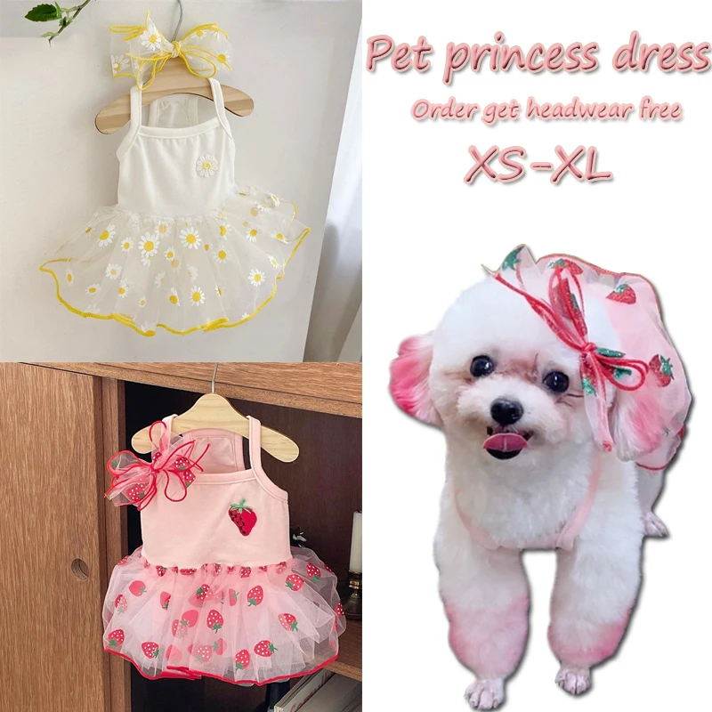 

Pet Princess Dress Cat Puppy Summer Mesh Skirt Cute Flower and Strawberry Skirt Send Tiara Pet Clothing Supplies
