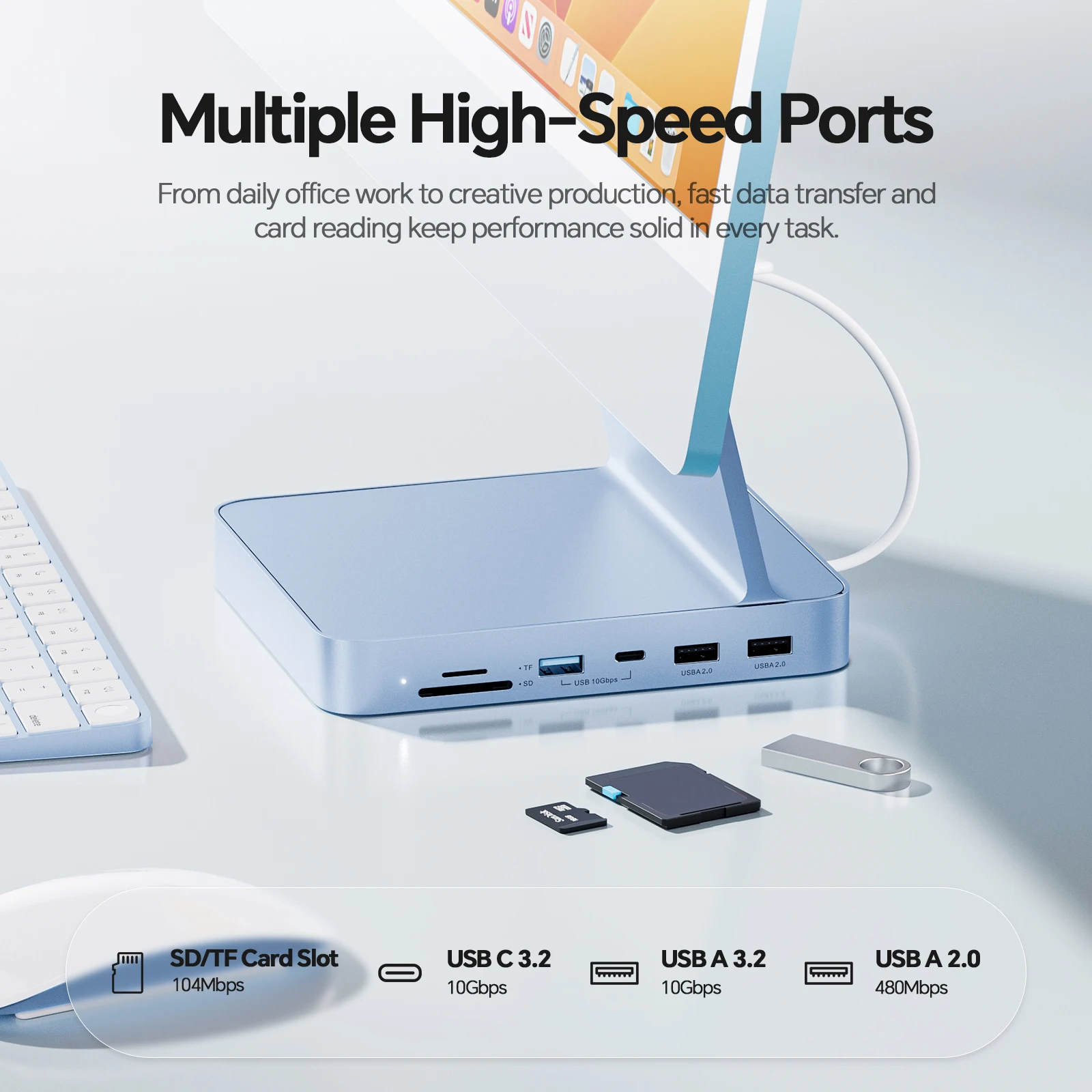 PULWTOP USB C 허브 iMac M1/M3/M4용 USB C 10Gbps, USB A SD/TF, 도킹 스테이션 지원 M.2 SSD 확장 (포함되지 않음)