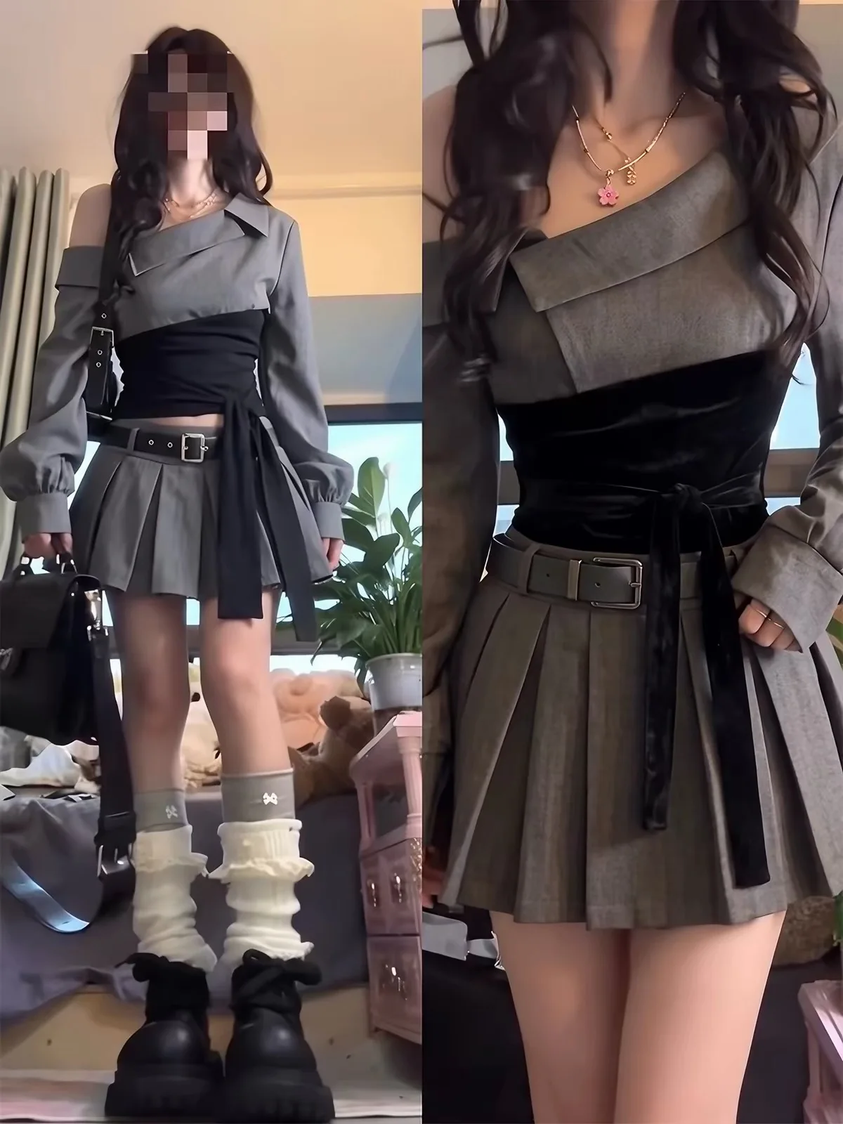 Conjunto de Dos Piezas Estilo Coreano Dulce y Picante: Vestido Asimétrico con Hombros Descubiertos y Falda Plisada de Manga L...