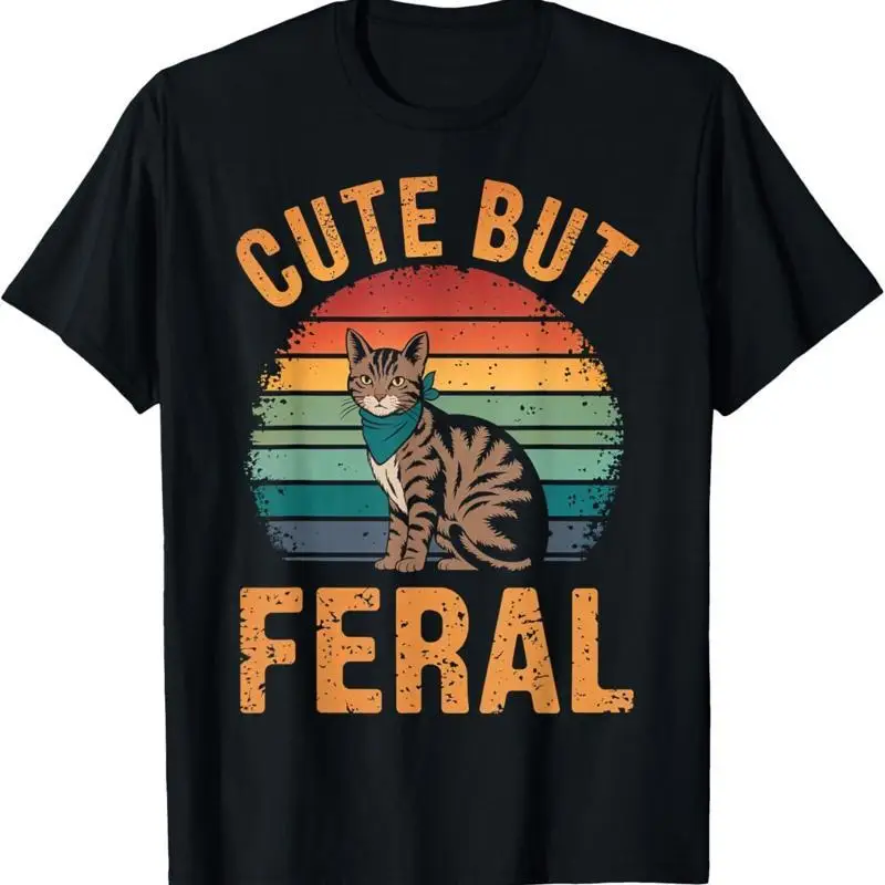 Cute But Feral Cat Retro Sunset Vintage Style Design T Shirt