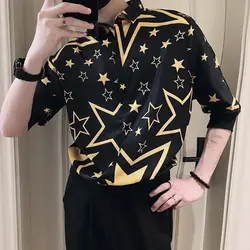 Fashion Lapel Button Half Sleeve Printed Shirts Men's Clothing 2023 Spring New Casual Pullovers Tops Loose Korean Shirt