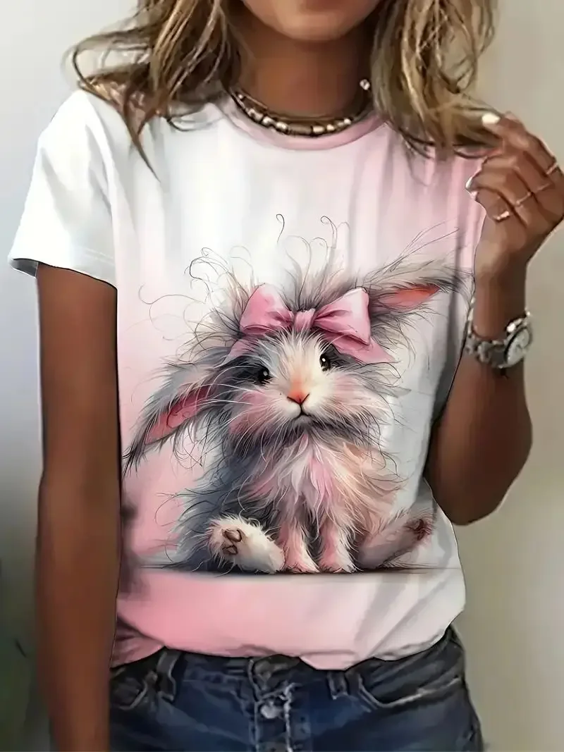 T-shirt de manga curta feminina, gato 3D estampado, roupa de rua fofa, pulôver extragrande, animal, verão