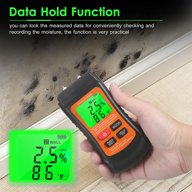 MT-02 Digital Wood Moisture MeterTwo Pins Digital Paper Humidity Tester Wall Hygrometer Non-contact Backlit Timber Damp Detector