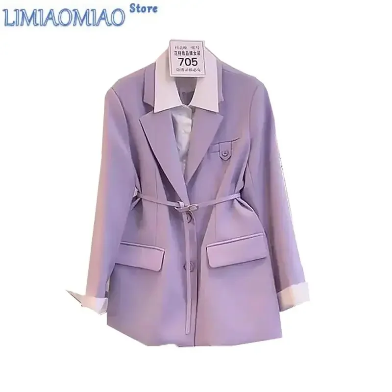 

New Female Spring Autumn Blazer High-Quality Temperament Designed Small Fragrance Fake Two Pieces Purple Suits Jackets Top