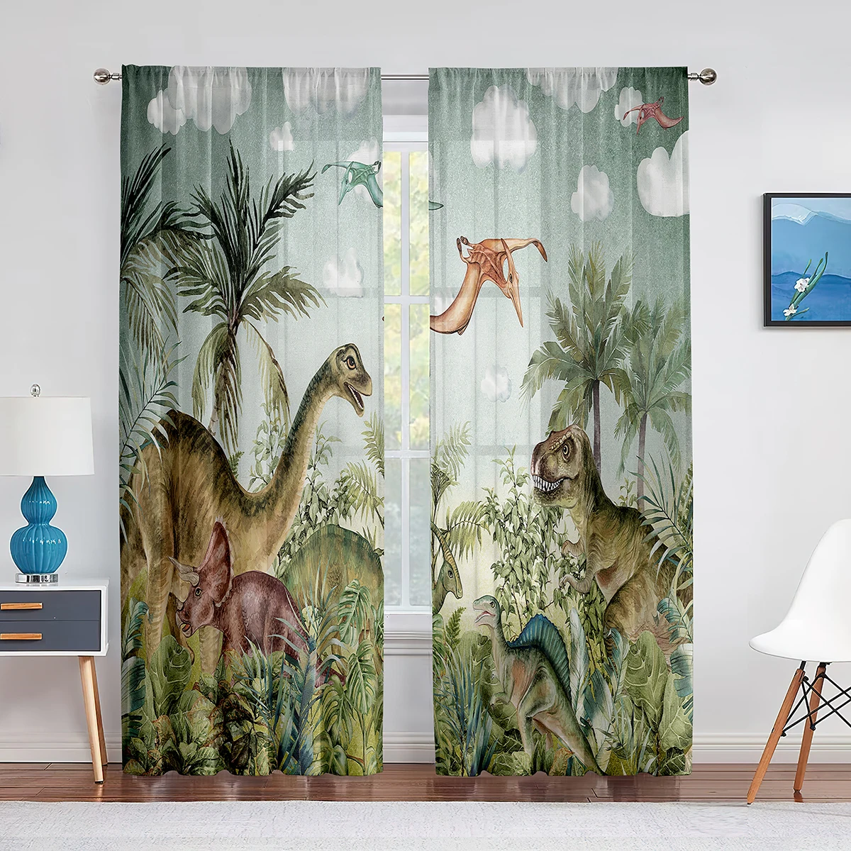 Jurassic Animals Jungle Dinosaur Trees Pattern Sheer Curtain for Living Room Window Children Bedroom Decor Tulle Voile Curtain