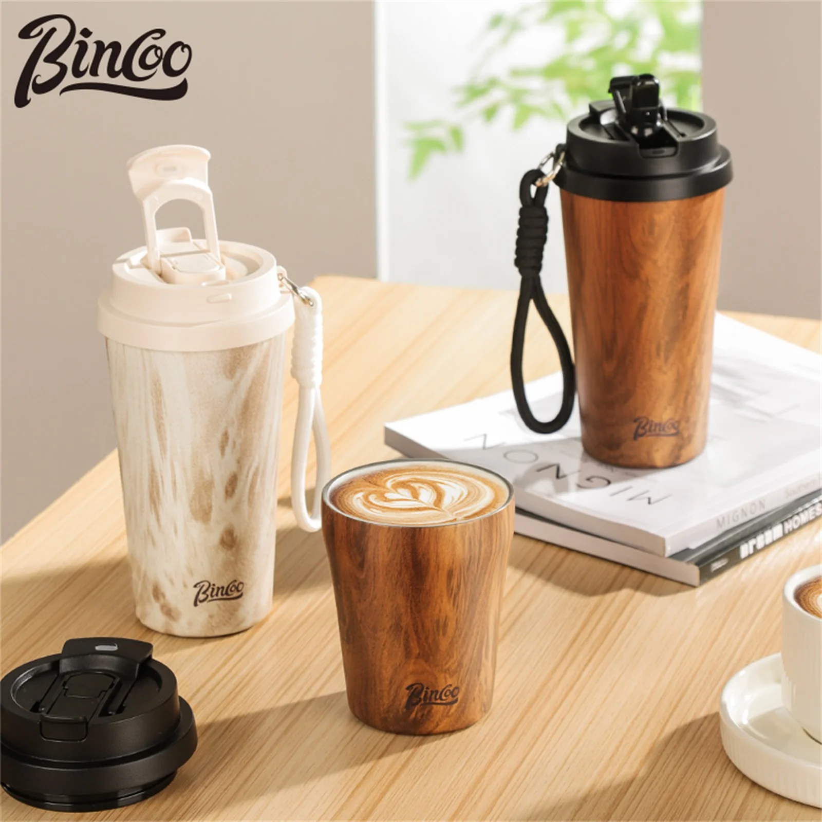 

Bincoo 500ml Wood Grain Pattern Coffee Thermal Cup Coffee Travel Mug Insulated Vaccum Portable 304 Stainless Steel Thermos Cups