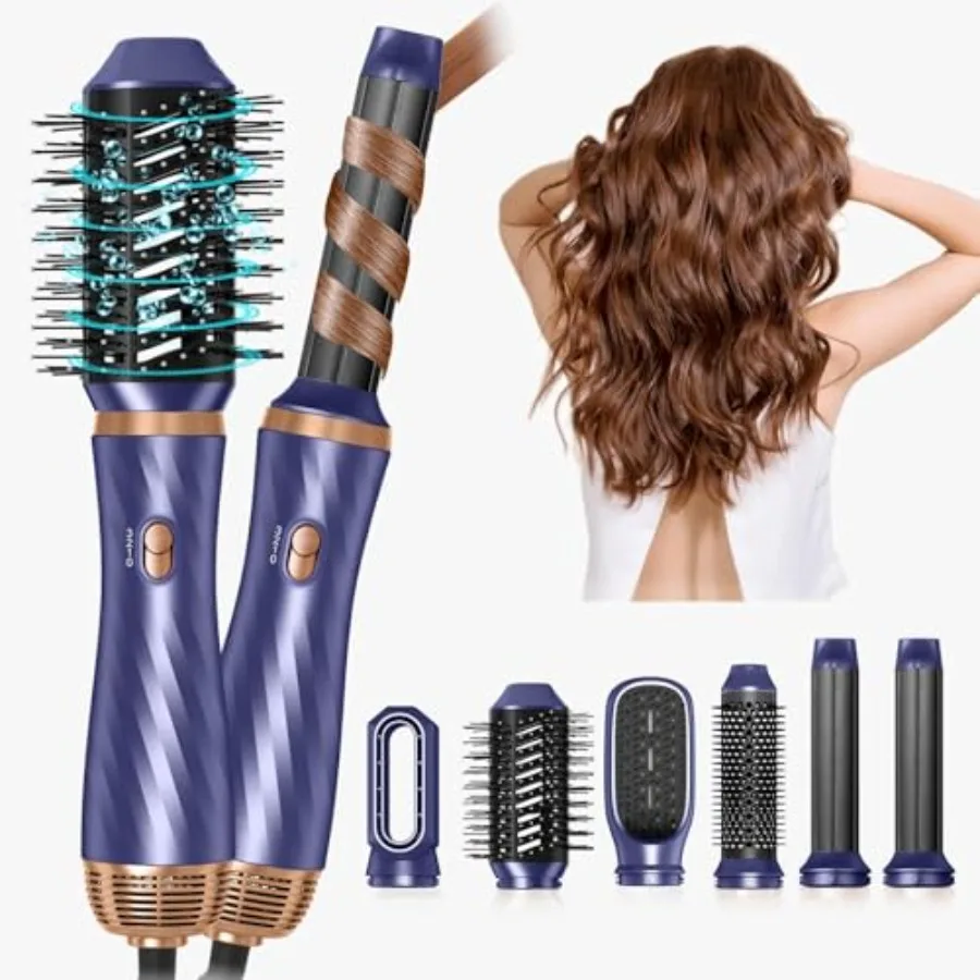 

6 in 1 Detachable Hair Dryer Brush with Negative Ion Technology Travel-Friendly Air Styler for Curly Twist Wrap Silver and Blac