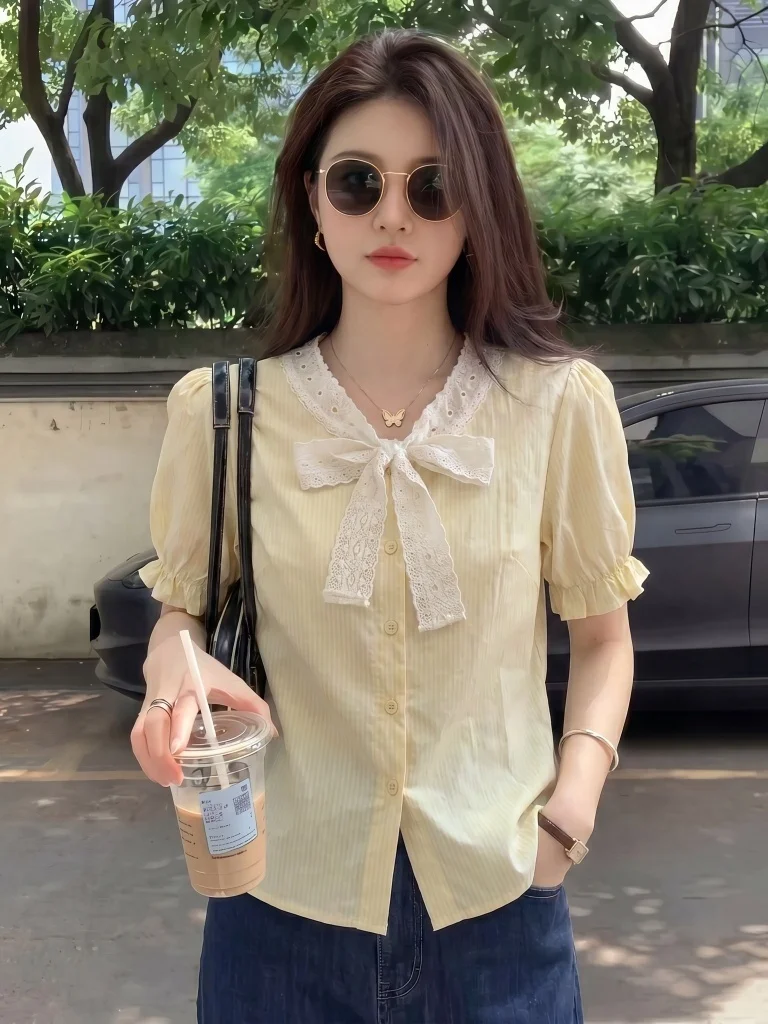 

Yellow Lace Knot Flared Sleeve Short Sleeve Shirt Women's Summer New Style plus Size Anti-Aging Top Korean Style