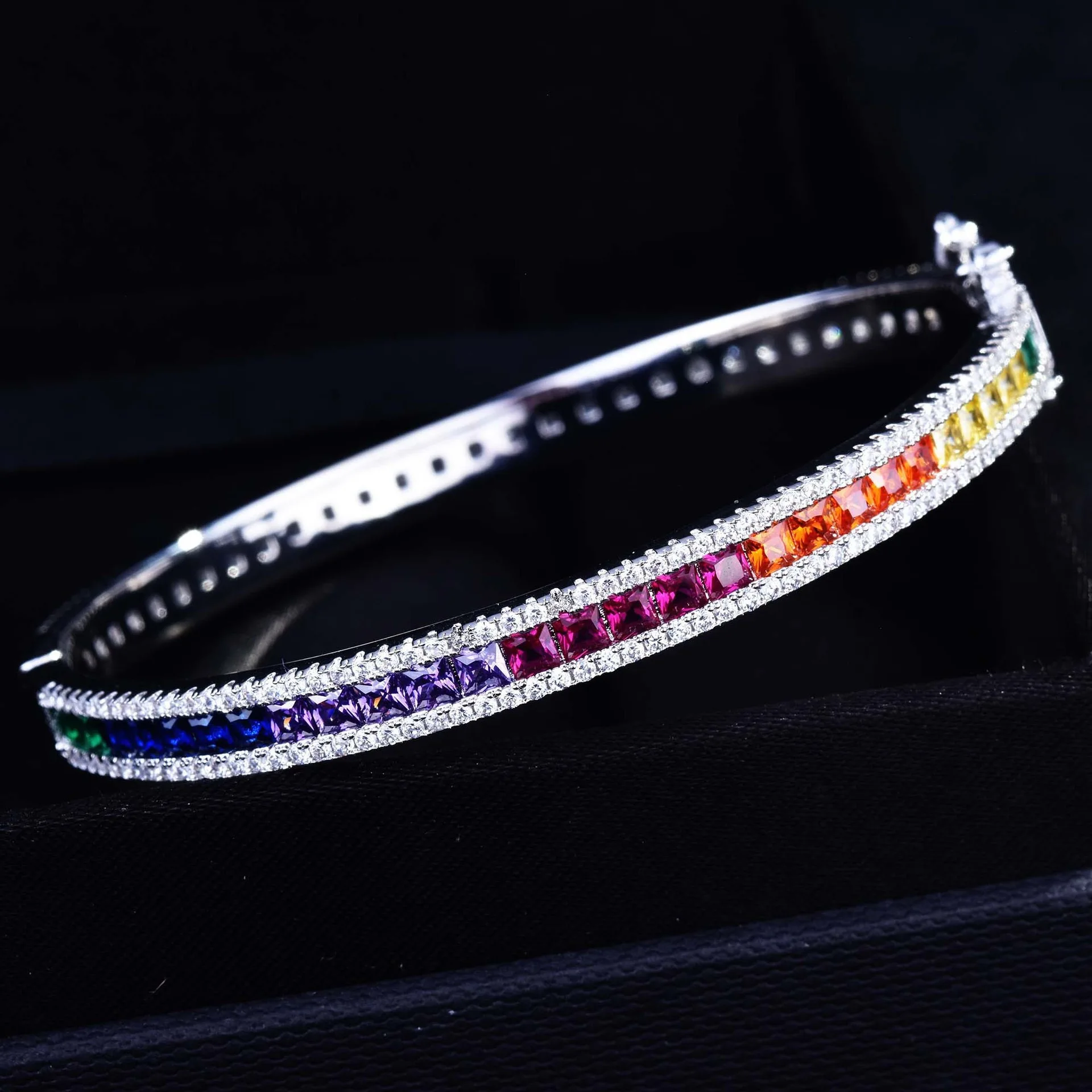 

Platinum Plated Snap Closure Cuff Bracelet Cubic Zirconia Rainbow Gradient Jewelry Gift for Women Her Anniversary Party Luxury