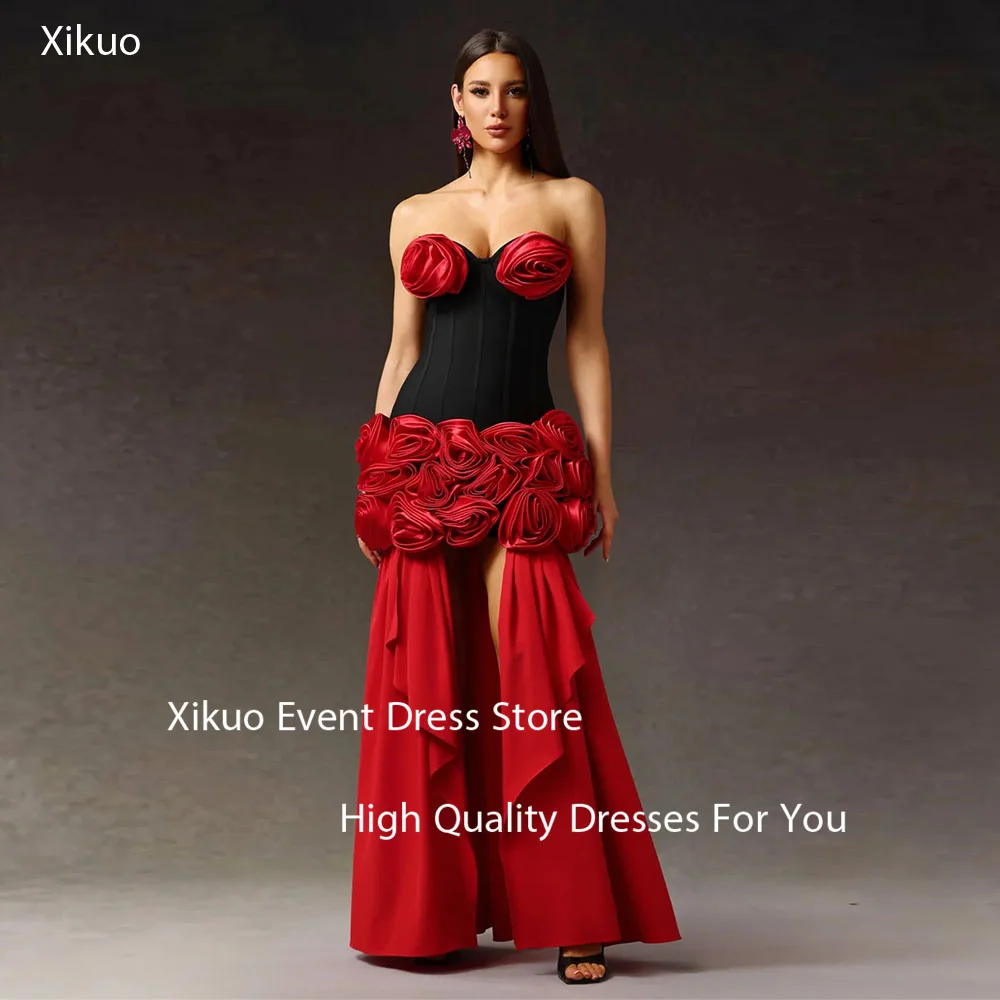 Xikuo vermelho e preto cetim vestidos de noite querida sofisticado robe cocktail femmes plissado 3d flores vestidos de baile personalizado