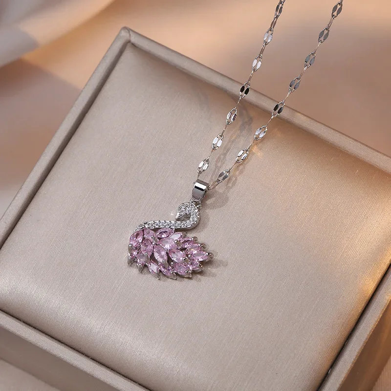 Classic Design Swan Zircon Pendant Necklaces For Women Girls Animal Pink Crystal Charms Stainless Steel Choker Jewelry - Image 4