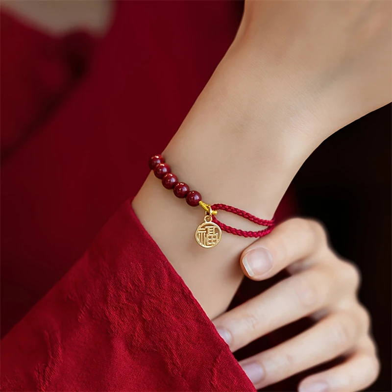 Handgefertigte geflochtene Imitation Zinnober Unendlichkeitssymbol-Armbänder für Damen und Herren, schlichtes rotes Seil, Pfirsichblüten-Transfer-Perlenarmband – Detail 12