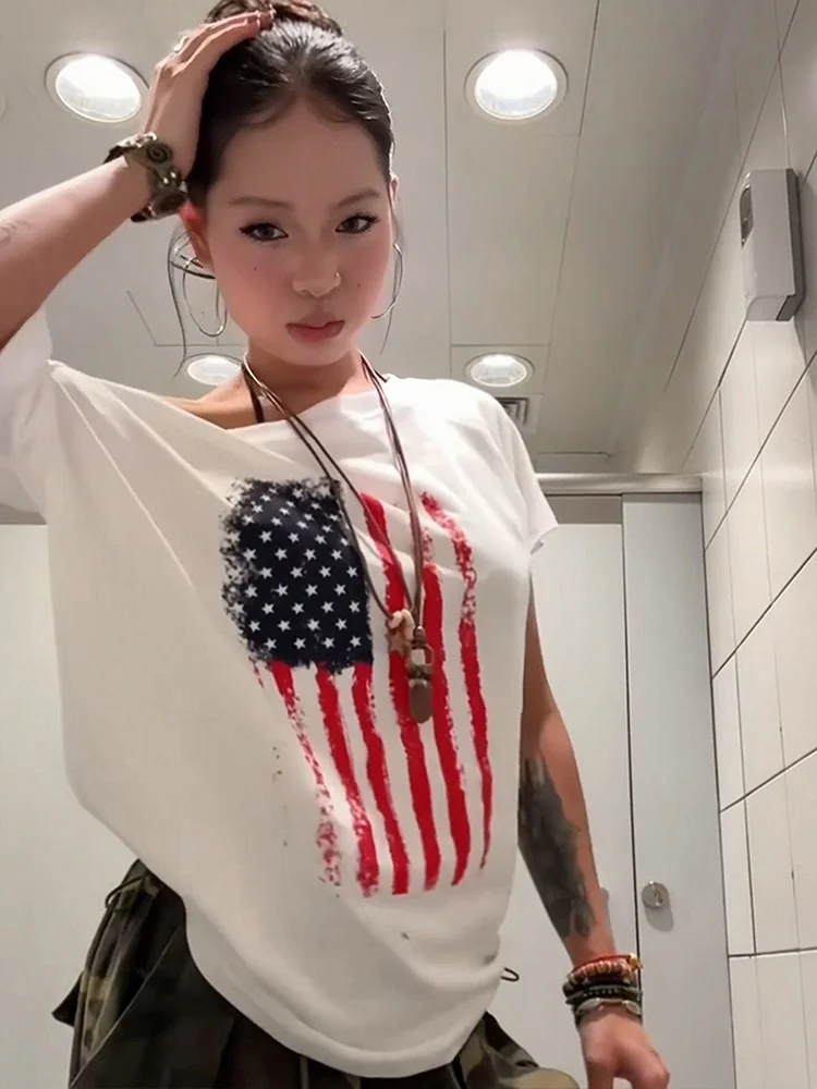 

American Sle Spicy Girl Diagonal oulder T-irt Women Summer Flag Print Casual ort Sve Loose Lazy Sle Top