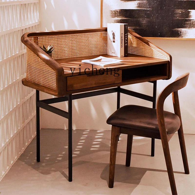

ZK medieval solid wood desk rattan home study against the wall writing desk computer desk