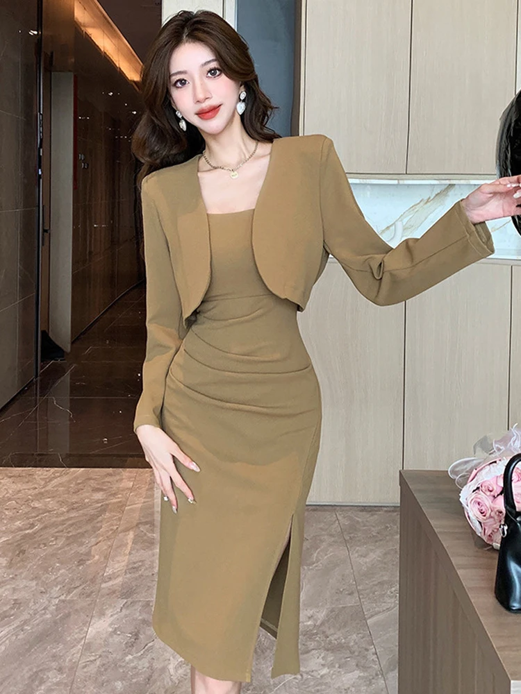 New Elegant Formal 2 Pieces Outfit Women Clothes Professional Short Jacket Coat Blazer Strap Slit Midi Robe Dress Sets Business