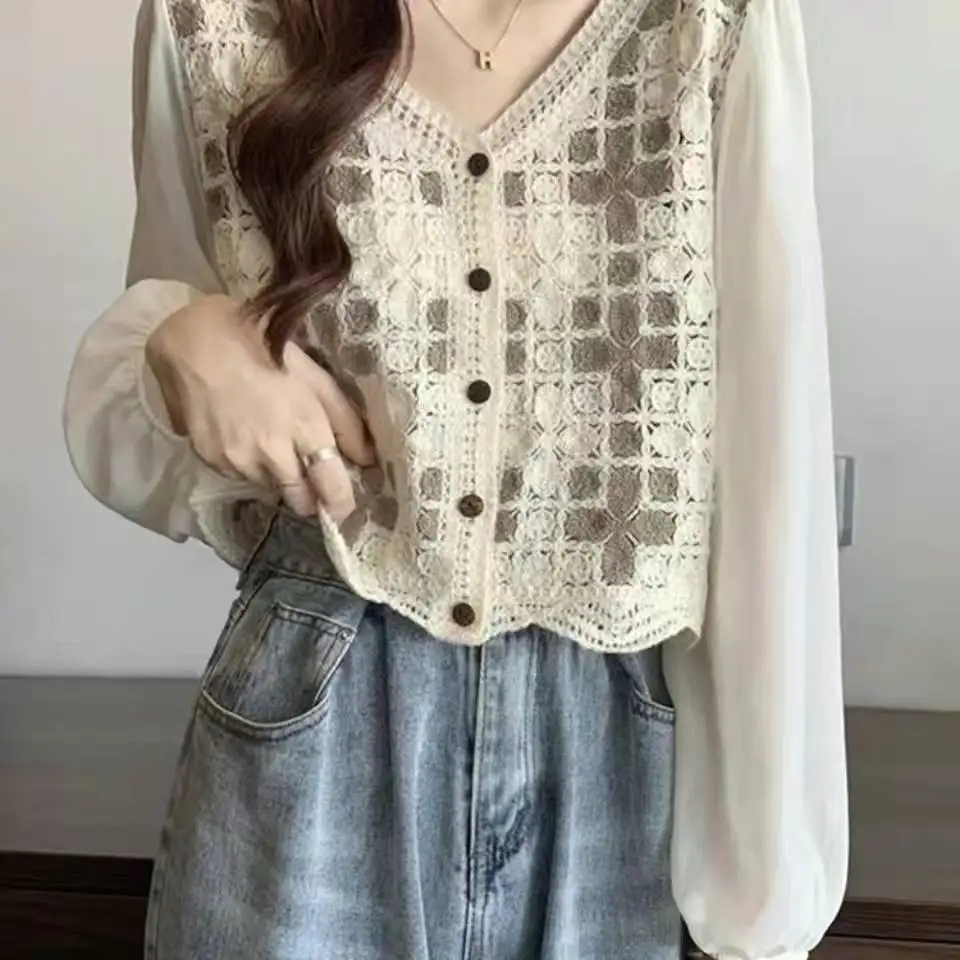 Women\'s Crochet Blouse with Chiffon Sleeve Button Front Crop Tops Spring summer Teen-girl Fairycore Cottagecore Outfit