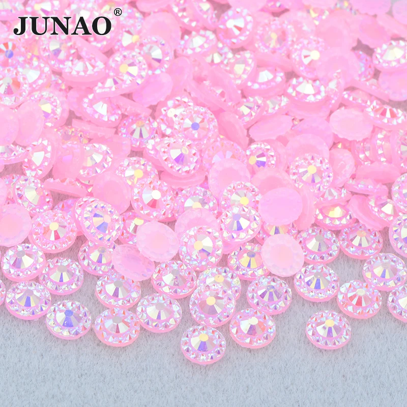 JUNAO 4mm 5mm 6mm Pink AB Round Flower Rhinestone Nail Crystal Strass Flatback Resin Stones for DIY Clothes Jewelry Crafts