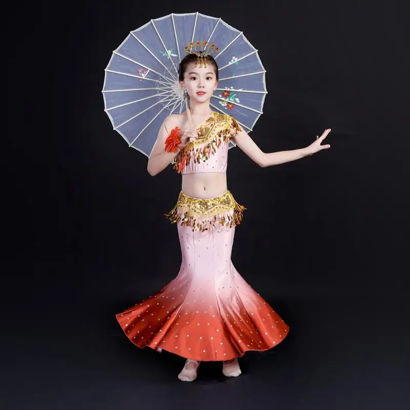 Children'S Dance Performance Outfit adual Tail Fi Tailed Skirt National Practice Skirt Girls' Peaco Dance Performance C...