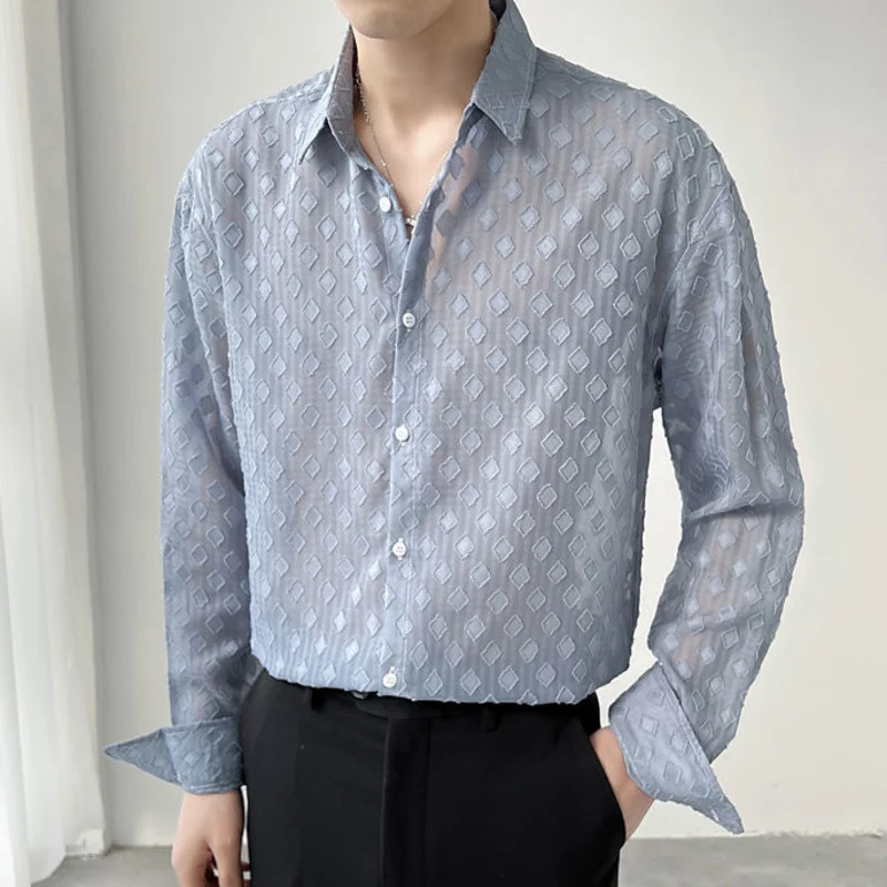 Summer 2023 Casual Spring Shirt Streetwear Social Party Tuxedo Singer Stage Chemise Homme Loose Hollow See-through Shirt Men