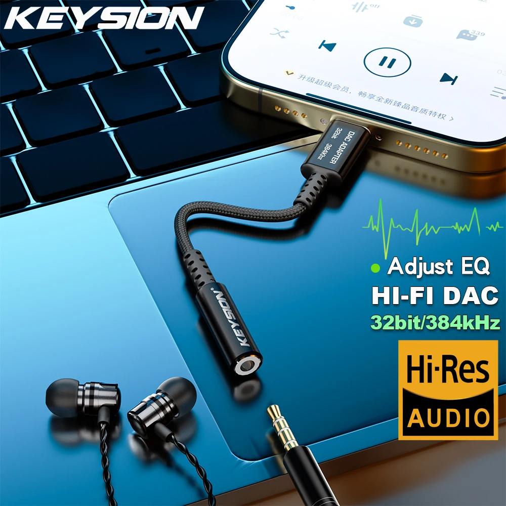 

KEYSION Adjust EQ Type-C to 3.5mm USB DAC Audio HiFi Decoder 32bit/384kHz ADC 48kHz HD Headphone Amplifier for Android iOS Win10