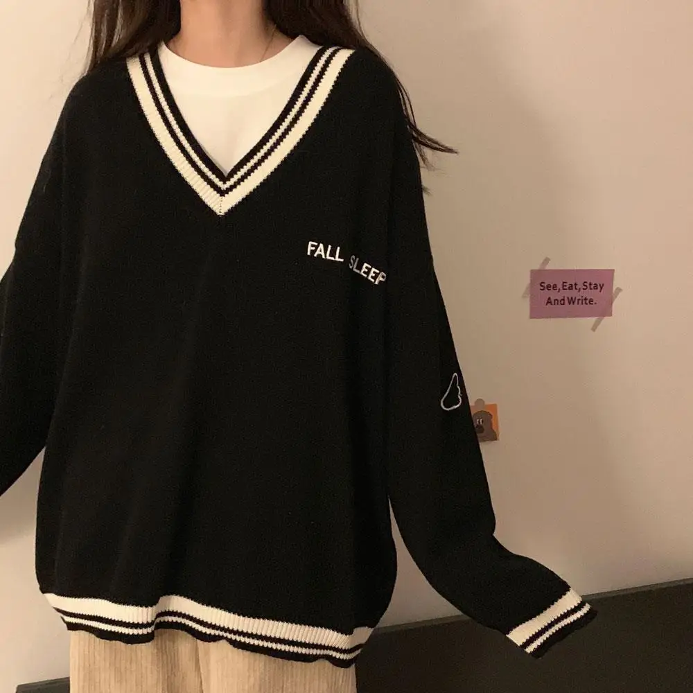 Sweaters Women Ulzzang Letter Chic Vintage V-neck Daily Preppy Girls Knitwear Fall Casual All-match Ins Long Sleeve Clothes Y2k