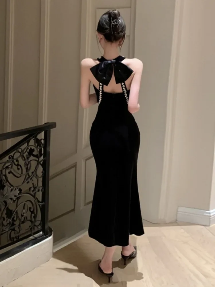 Ezgaga Sexy Dress Woman Backless Bow Sleeveless Slim Black Temperament Party Mermaid Dresses Ladies Vintage French Style Chic