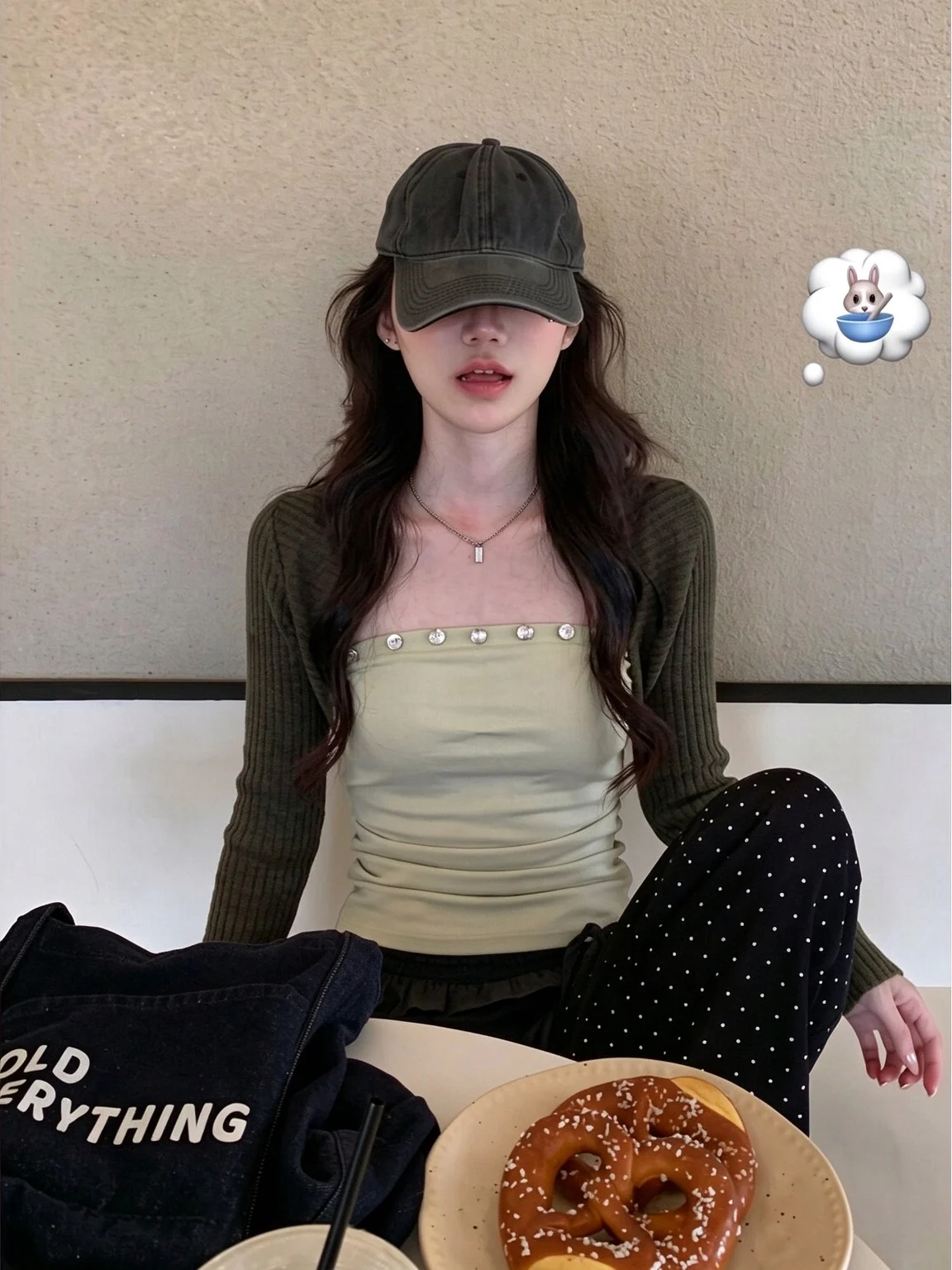Green Long Sleeve T-Shirt Women's Slim Fit Collarless Top Tube Design Trendy Sister Autumn Two-Piece Set Casual Style Breatha...