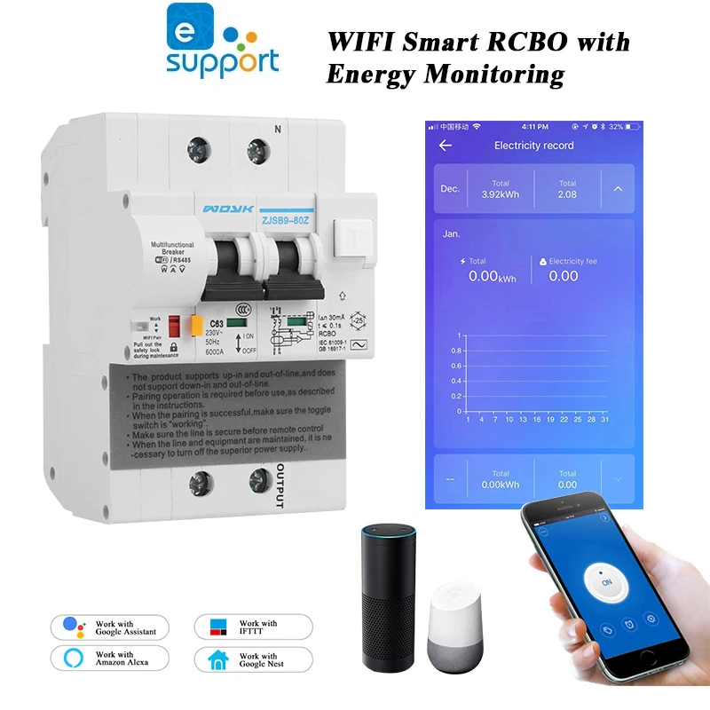 eWelink 2P wifi energy monitoring RCBO circuit breaker overload short current leakage protection with Alexa and google home