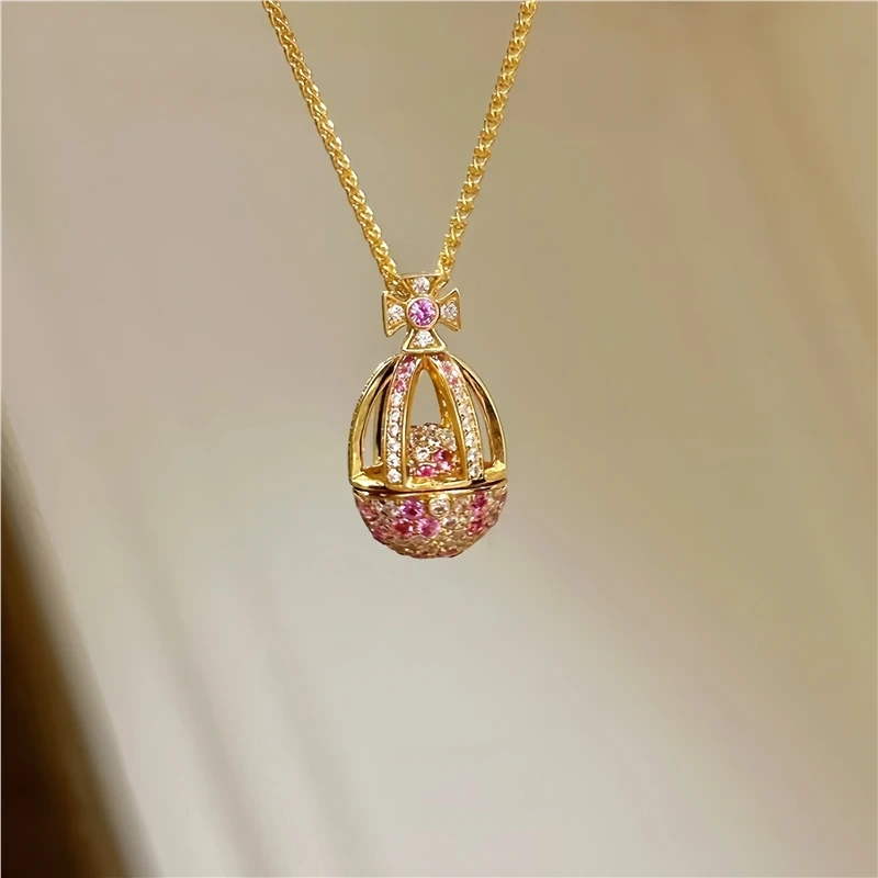 CAMEO Silver Jewelry Peach Necklace S925 Silver Gold Plated Full Diamond Pink Zircon Foldable Exquisite Versatile Necklace