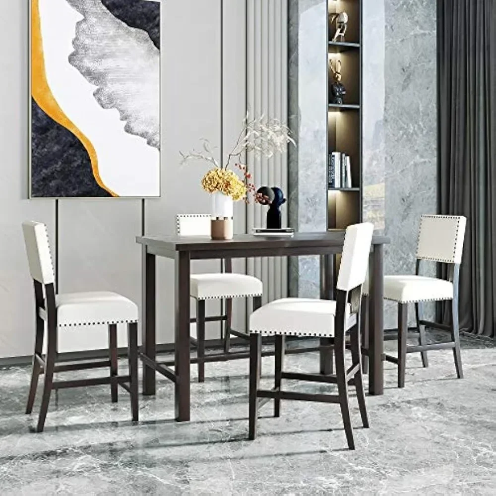 Dining Table Set of 5, with 4 Padded Chairs with Nailhead Trim, Espresso + Beige, Wooden Counter Height Dining Table Set