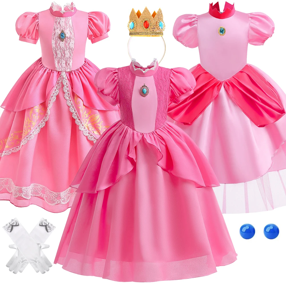 Pink Peach Princess Dress For Baby Girls Halloween Cosplay Costume Children Kids Performance Carnival Party Outfits Queen Crown