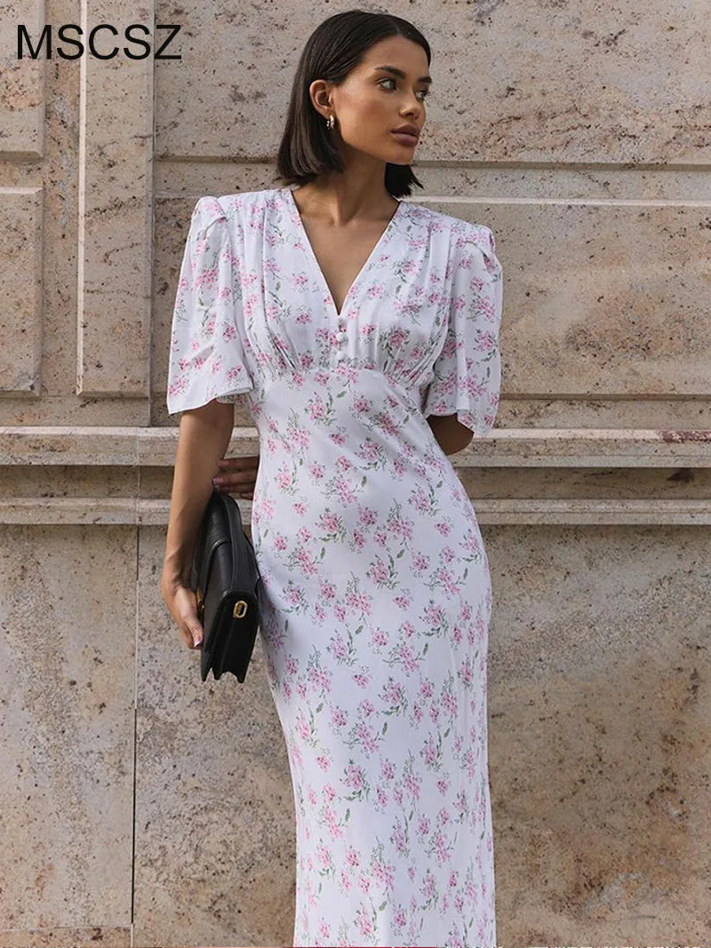 

MSCSZ V-Neck Short Sleeve Maxi Dress Women Floral Print Vintage Long Dress Summer Elegant Chic Party Dress Gown