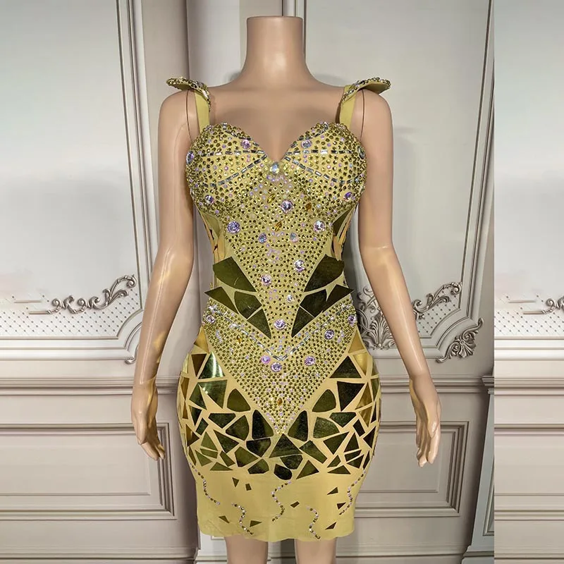 

New Arrival Women Clothes Shiny Sexy Suspender Mirror Sequins Golden Dress Dinner Dresses Women for Evening Dres
