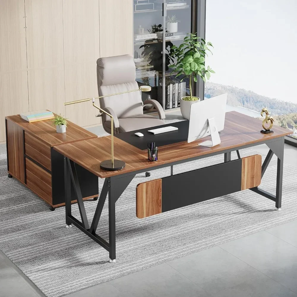 

70.8" Executive Desk with 35.4" File Cabinet Combo, Industrial L-Shaped Computer Desk, Extra Large Workstation with Drawers