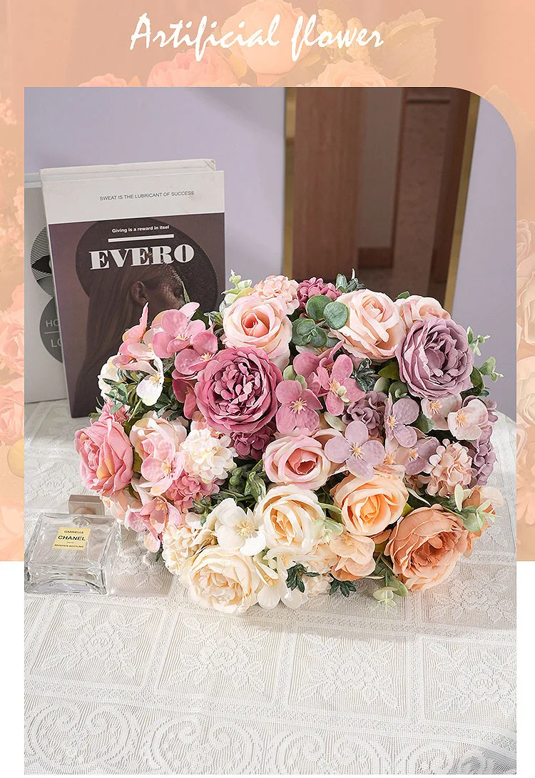 Künstliche Pfingstrose, Hortensien, rosa Rosen, Blumenstrauß, Seidenblumen für Hochzeit, Party, Blumenstrauß, gefälschte Blumenarrangements, Heimdekoration – Detail 10