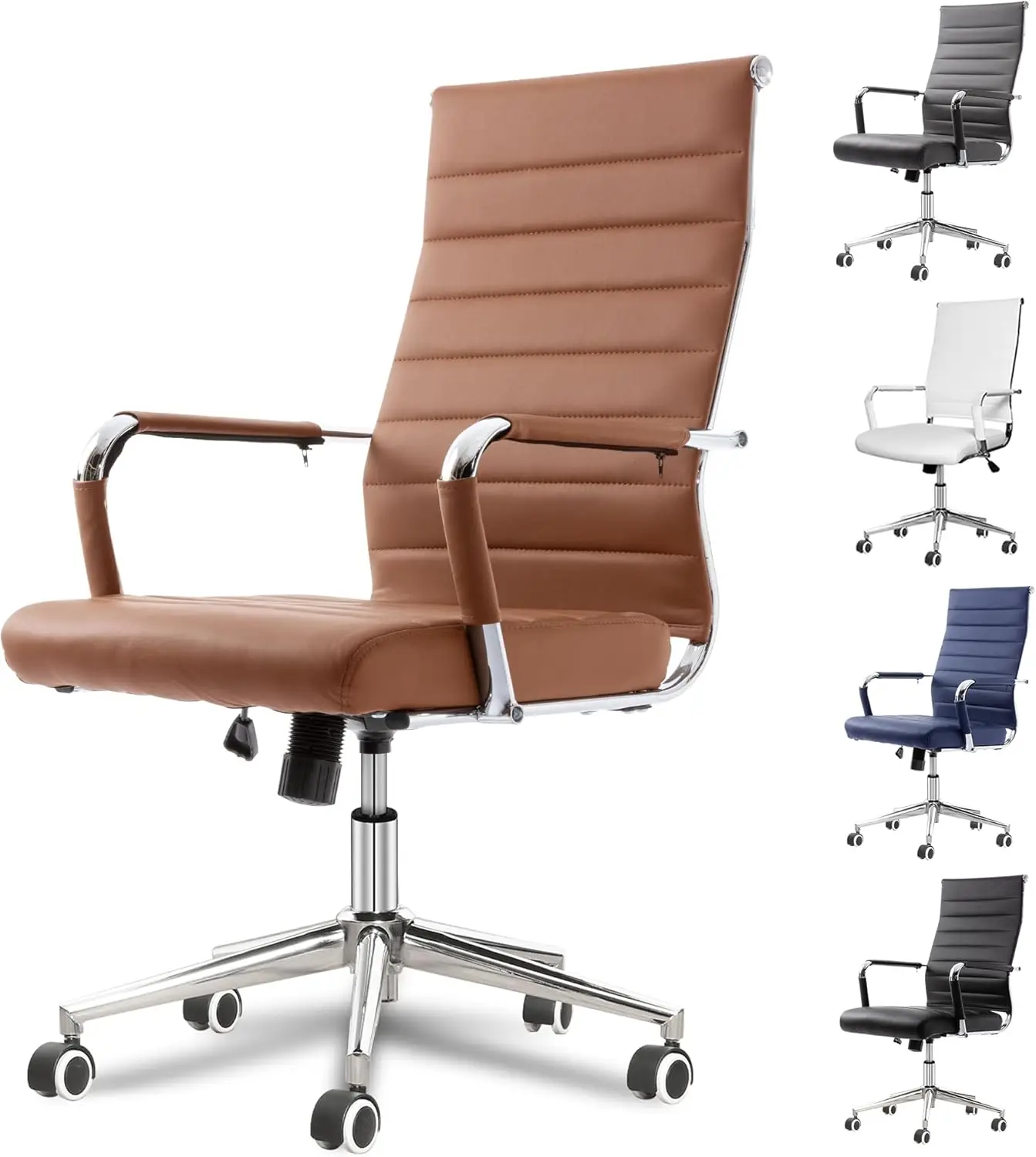 Office Desk Chair, Ergonomic Leather Modern Conference Room Chairs, Executive Ribbed Height Adjustable Swivel Rolling Ch