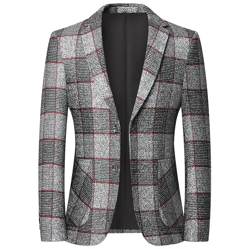 New Men's Korean Version Blazer Casual Plaid Wedding Officiating British Style Business Fashion Wool All Match Gentleman Suit