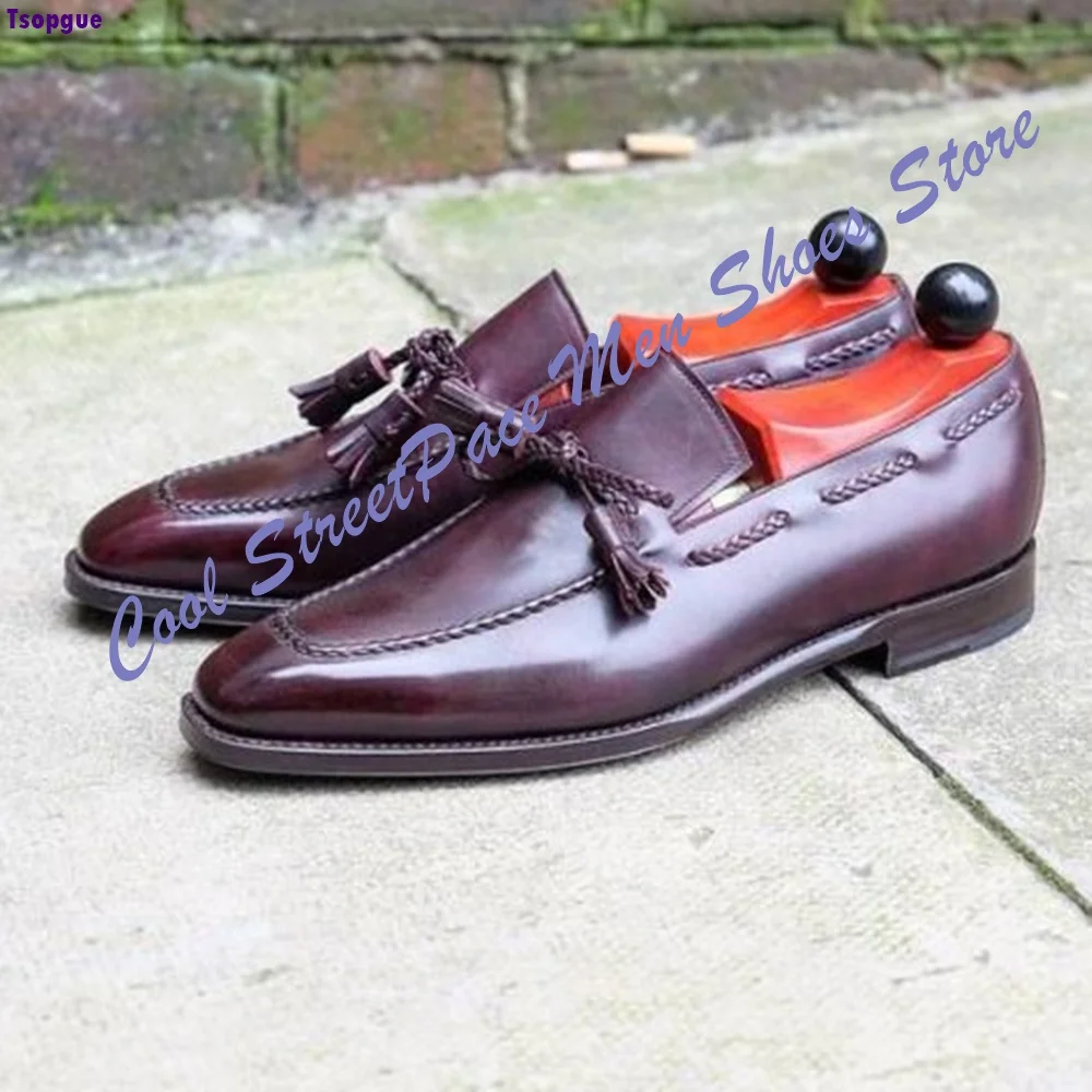Vintage Burgundy Glossy Leather Loafers for Men Tassel Decor Hand Stitched Slip On Shoes Formal Wedding Business Dress Shoes