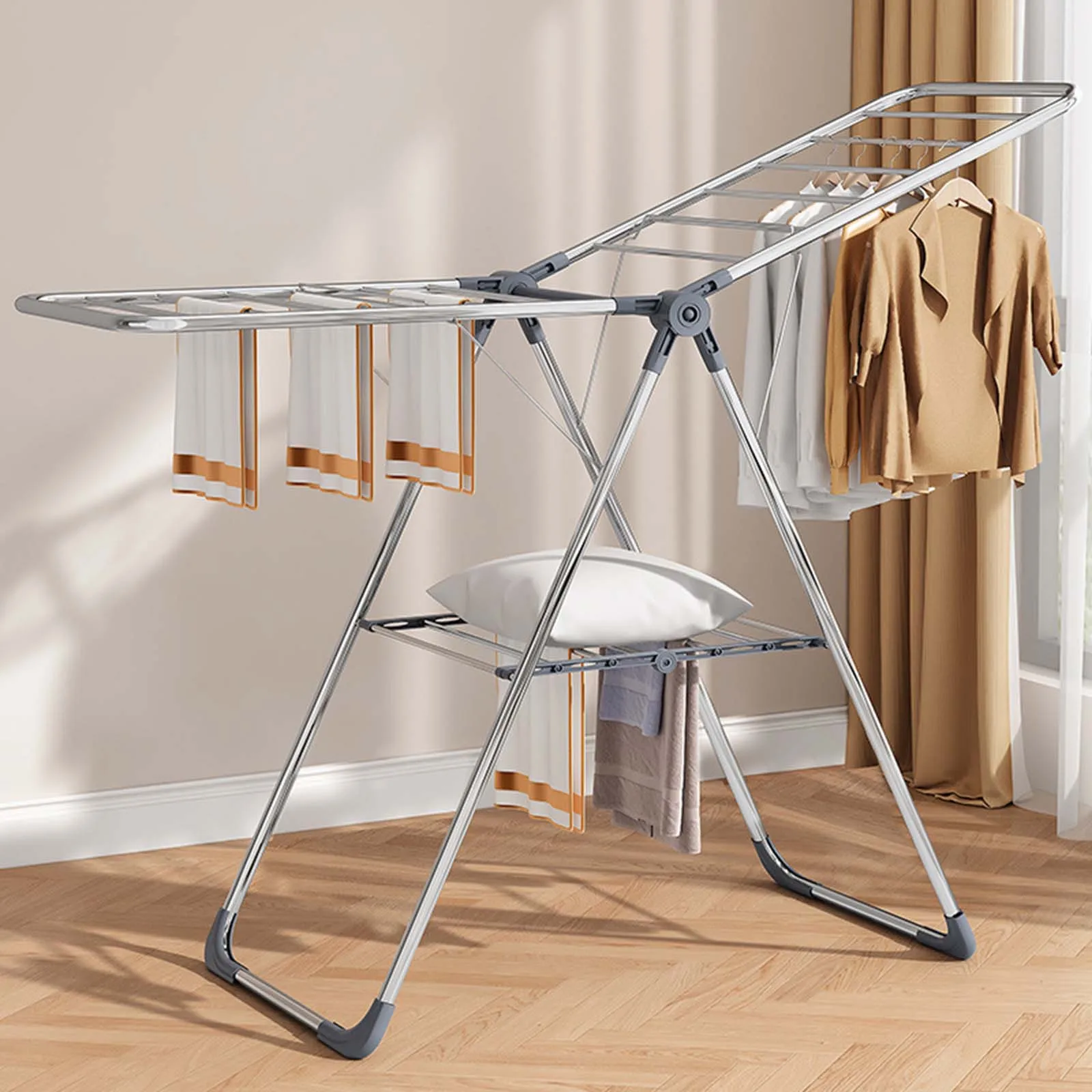 Household Stainless Steel Wing Shaped Floor Drying Rack Installation Free Multifunctional Drying Rack Folding Drying Rack