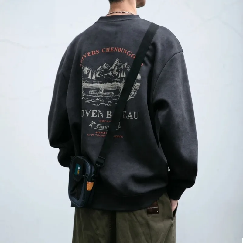 

Мужская толстовка оверсайз с круглым вырезом, весна 2025, свободный крой, уличный стиль, хип-хоп, ретро, американский кэжуал, с модным принтом