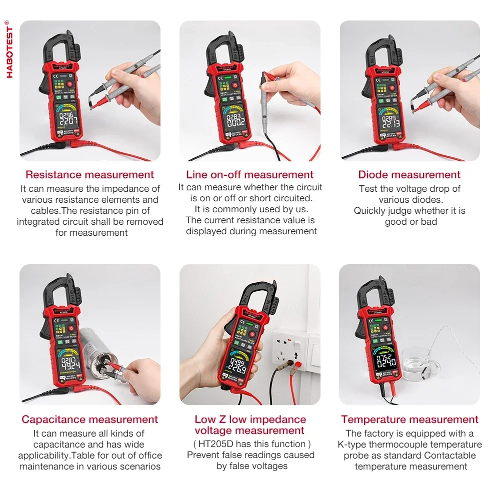 HABOTEST HT205 Clamp Meter Auto Range True RMS NCV DC AC Voltage Inrush Current Temperature Tester Automatic Voltmeter